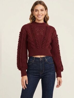 Anthropologie Maroon Chunky Cable Knit Cropped Sweater size M